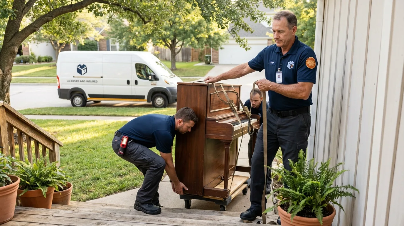 Licensed piano movers securing grand piano in Briarcliff Manor, NY