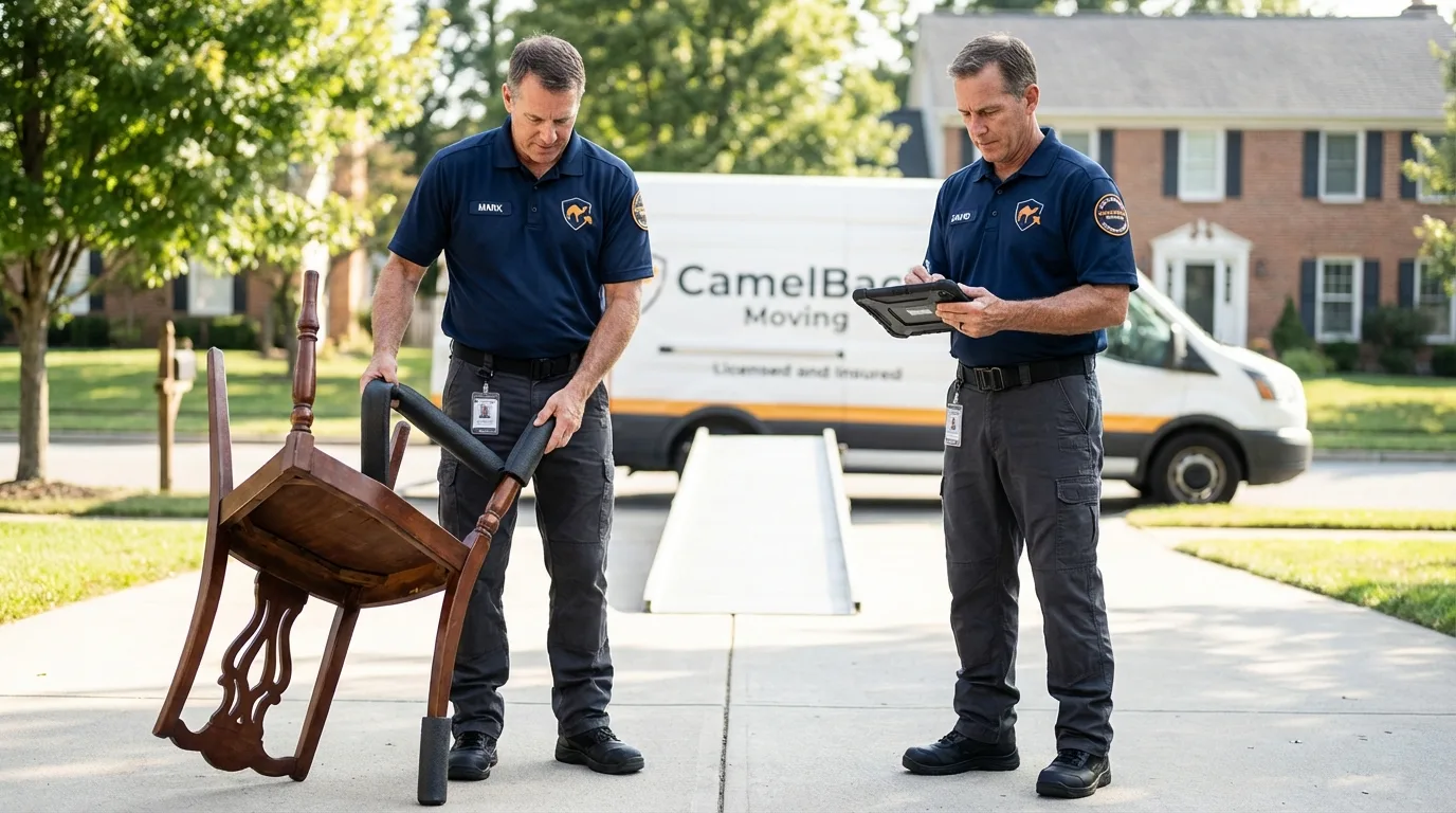 Movers inspecting furniture for damage prevention before loading in Briarcliff Manor, NY