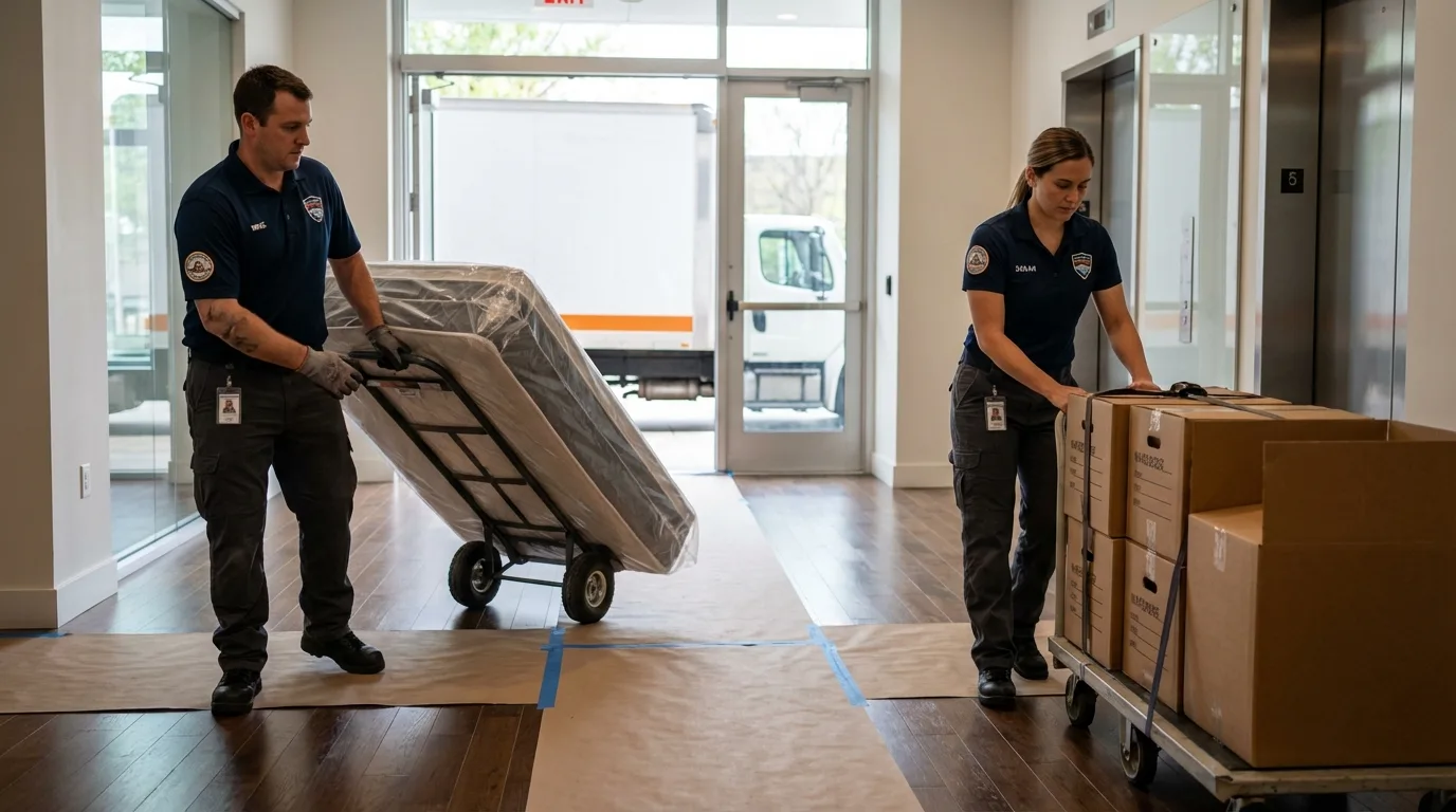 Professional apartment movers loading elevator in Briarcliff Manor, NY
