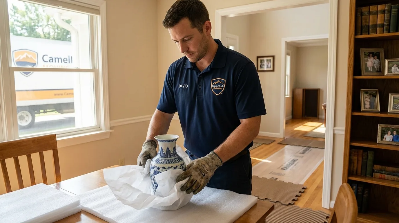 Professional crew carefully wrapping antique vase for senior downsizing move in Briarcliff Manor, NY