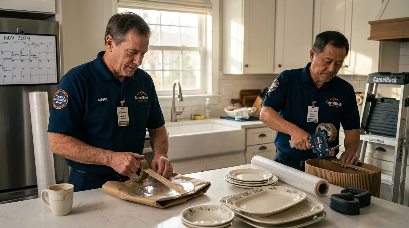 Professional crew packing kitchen dishware in Briarcliff Manor, NY